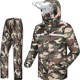 Pivalo Reusable 100% Waterproof Unisex Raincoat Imported Seam Sealed Military Print Snow Suit Windcheater Transparent Face Shield & Detachable Hood for Bikers Hiking Traveling Size- XXL, Green-37