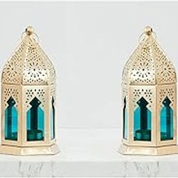 Antique Collection Tea-Light Candle Golden Color Moksha Hanging Lantern with Multicolour Glass | (Gold Lantern with Blue Glass Set of 2)-25