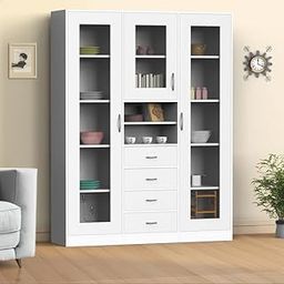 NEEHV HOME Alice Crockery Cabinet with Glass Door | Wooden Kitchen Cabinet | Dining Room Display Unit (Frosty White, 40 X 153 X 195)-50