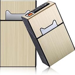 Cigarette Case with Lighter - Stylish 2-in-1 USB Rechargeable Flameless Windproof Electric Lighter Cigarette Box Case for 20 Cigarettes Under 100mm- Elegant Gold Finish-0