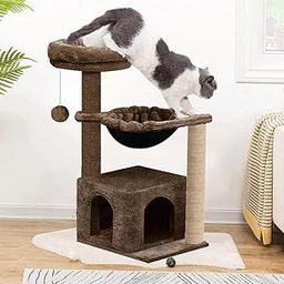 PURRWAY Soft Fur Condo Activity Cat Tree - Jute Rope Scratching Post, Hanging Ball, Hammock, Suitable for Small Cats (Condo 16 x 16 Inch) (Height 38 Inch) (Large) (Brown)(FURR-71)-image-75