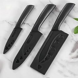 Zancia Knife Set for Kitchen ^ Professional 3 Pieces High Carbon Stainless Steel Colour Printed Coated Chef Knife Sontuku Knife I Kitchen Knives with Ergonomic Handle_Black Color with covor-image-78