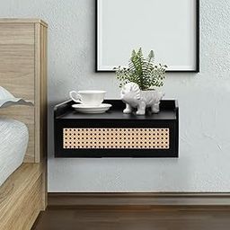 Floating Nightstand, Small Rattan Nightstand with Storage Drawer, Wall Mounted Wood Nightstands, Rustic Side Table Mid Century Night Stands for Bedroom Living Room Office-image-27