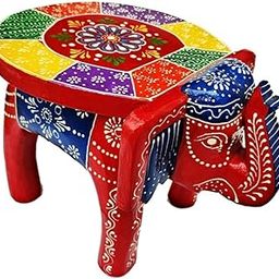 Handcrafted Wooden Elephant Stool, Colorful Traditional Indian Design, Decorative Floral Pattern, Red and Blue-69