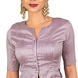 Women's Cotton Silk Stretchable (Smocked) Round V Neck Elbow Sleeves Readymade Saree Blouse STSL1-image-22