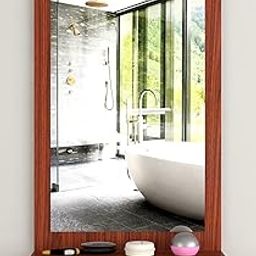 Engineered Wood Wall Mounted 4 Hooks Tier 1 Dressing Table Mirror Teak, Unframed, Rectangular-15