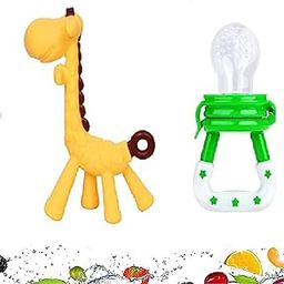 BabyGo Infant Organic Baby's Bpa-Free Silicone Nipple Food Nibbler for Fruits with Silicone Teether Giraffe Teething Toys for Kids (Combo Pack),Assorted-1