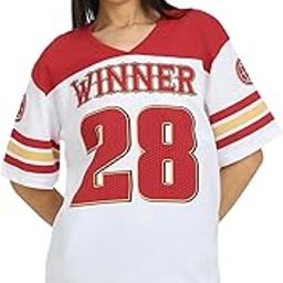 Pure Cotton White & Red Oversized Baggy Fit V-Neck Jersey Front Printed Half Sleeve T-Shirt for Women-image-19