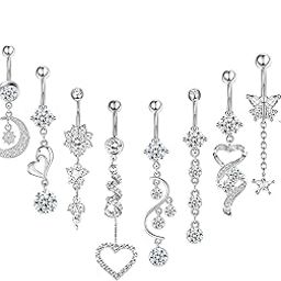 10pcs 14G Belly Button Rings Dangle 316L Surgical Steel Navel Rings Cubic Zirconia Belly Button Piercing Belly Button Dangle Rings for Women Girls Metal Cubic Zirconia, Metal, Cubic Zirconia-image-5