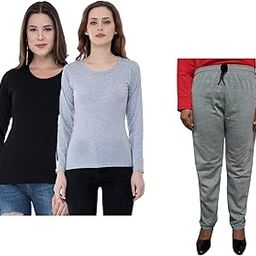 IndiWeaves Women Winter Wear Solid Cotton Full Sleeves T-Shirt and Fleece Warm Lower/Track Pants (Black, Gray, Grey, 40-XL) Pack of 3-image-83
