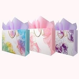Flora Paperbags Large Paper Gift Bags with Tissue & Tags – Pack of 5 | 12x15x5 inch | Wedding Return Gift Bags, Birthday, Party Favor Bags | Pastel Pink, Purple, Multicolor Marble Design-2