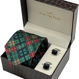 Green Multicolor Checkered Necktie with Blue Square Cufflinks Combo for Men-image-51