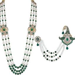 Combo of 3 Layers Groom/Dulha Moti Mala Haar and Safa Kalangi with Green & White Glass Beads for Men (CO1105780GGre)-image-31