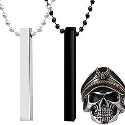 Men's Jewellery Bar Pendant Locket Silver Chain For Men Boys Stainless Steel Silver Captain Eagle Hat Skull Ring For Men Boys Jewellery Set Combo of 3-image-1