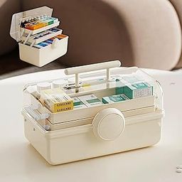 HOOPVOOL® Clear Plastic Medicine Storage Box Organizer, Family Emergency Kit Portable Lockable Container for, Art Craft and Cosmetic Household Organizer (Cream, First Aid Box)-picture-13