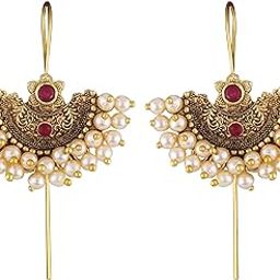 Vivastri"s Premium & Unique White Pearl Beaded Alloy Made Gold Plated Peackock Styled Red CZ Stone Centered Ear Cuff For Women & Girls -VIVA2649ERG-RED-image-43