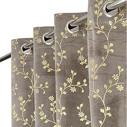 Panipat Textile Curtain Heavy Velvet Fabric Luxury Looks Room Darkening Floral Designer Semi Sheer Grommet Curtains 8 Feet For Door, Grey, Pack Of 2 Pieces-picture-26