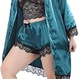 Women's Satin Short Pj Sexy Lingerie 4Pcs Robe Set Sleepwear Lace Cami Shorts Loungewear-image-61