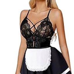 LUXZII Women's Sexy Maid Lingerie Set - Lace Bodysuit Nightwear Dress with Apron & Panty - Roleplay Costume for Romantic Nights-picture-53
