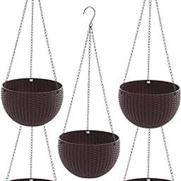 Go Hooked 7.1" Plastic Rattan Hanging Basket/Hanging Pots with Metal Hanging Chain/Hanging Planters- Set of 5 (Dark Brown) (Flowers Not Included)-33