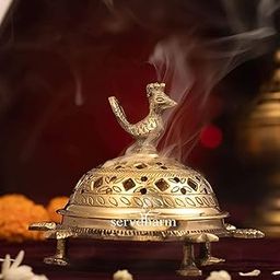 ServDharm Brass Incense Burner Peacock Tortoise Dhoop Dani Dhuni - Loban Sambrani Burner, Height 5.5 Inches, Weight 500 GMS (Metal, Round, Gold)-image-9