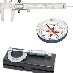 Bello Grade-A Screw Gauge Micrometer Brass 25 mm S.S. Thread in Velvet Box and Magnetic Compass for Direction (3 Inch) with Matt Vernier Caliper Slide Caliper Measures 0-12.5 cm Metallic-12