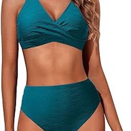 Women High Waisted Bikini Twist Front Swimsuits Lace up Bikini Tops Ruched Push up 2 Piece Bathing Suits-image-61