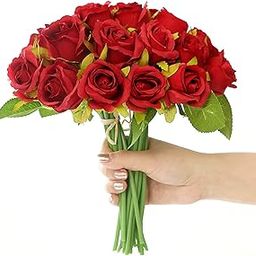 Tied Ribbons Set Of 12 Artificial Rose Flowers Bunches For Vase (24 Cm, Red) - Home Decoration Gift Items For Living Room Corner Table Top Bedroom Wedding Valentine (Pot Not Included) - Polyester-8