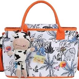 Prime Essentials Kids Diaper Bag with Cow Plush Toy, Beige and Orange Canvas, Multiple Storage Compartments, Adjustable Shoulder Strap-image-52