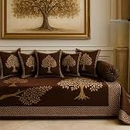 Mahika 500 Tc Chennile Diwan Set (Single Bed -8 Piece), for Living Room, Dining Hall Emerald with Gold Floral Pattern, Luxury Bedding Cover with Cushions and Bolsters (Chocolaty-Brown)-image-5