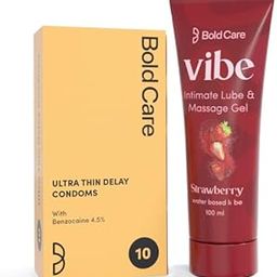 Bold Care Ultra Thin Long Last Condoms + Vibe Strawberry - Personal Lubricant for Men and Women - Premium Strawberry Flavour - Water Based Lube - Skin Friendly, Silicone and Paraben Free - 100 ml-image-96