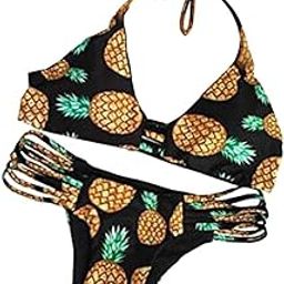 Sexy Halter Hollow Out Pineapple Print Padded Bikini Set for Women Black L-image-35