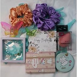 Box of Bliss 9pcs Birthday Gift Combo/ Hamper/ set for Women and Girls 2 Scrunchies, 2 Clutches, Birthday Card, Bracelet,Pocket Mirror, Blender, A7 Diary| Gift for Her|Anniversary, Valentines(Blue)-32