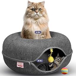 Peekaboo Cat Tunnel Bed with Hanging Ball Toy – Large Cat Tunnels for Indoor Cats up to 30lbs – Round Cat's cave Bed with Scratch-Resistant, Easy to Wash & Cozy Design (24x24x11, Dark Grey)-picture-22