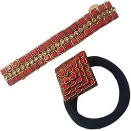 Charming Stylish Metal Kundan Hair Clip and Hair Tie - Red-image-37