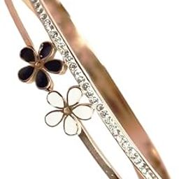 Rose Gold-Plated Floral American Diamond Kada Bracelet for Women | Black & White Enamel Flower Design Bangle-image-21