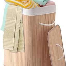 USHA SHRIRAM Foldable Bamboo Laundry Basket With Lid (72L) | Sustainable & Eco-Friendly | Travel Essential | Printed Laundry Basket (40cmx30cmx60cm) | Easy To Carry | Natural-image-0