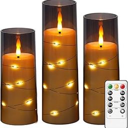 LTETTES Set of 3 Grey Acrylic Fiberglass Flameless Flickering LED Candles | 2.3" Dia x 5.5",6.5",7.5" Height, with Embedded Copper String Lights | AA Battery Powered with Remote for Decor & Gifts-13