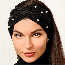 Knitted Headband Winter Ear Warmer - Elastic Knit Ear Warmers with Pearls Winter Hair Band for Women Head Wraps Black-picture-19