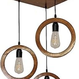 KASTENGLOW ® 3 Beautiful Wooden Brown Ring Design Light with E27 Holder and Bulb, Hanging Pendant Ceiling Lamp, Handcrafted Lamp and Designed by Architect-14