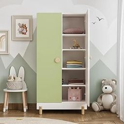 Wakefit Kids Wooden Wardrobe | 2 Shutter Almirah with Storage | Engineered Wood Cupboard for Kids Clothes | Sturdy & Stylish Wardrobe for Bedroom (Frosty White & Mellow Green)-image-76
