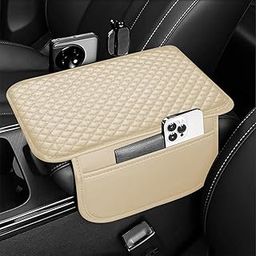 Lyrovo PU Leather Car Armrest Cushion Pad With Side Pockets, Universal Fit for All Car (Beige)-image-9