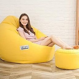 LEXAVI Brand - Faux Super Leather 5XL Large Combo Beanbag with Foot-Stool prefilled with High Density Quality Beans - (Yellow)-picture-30