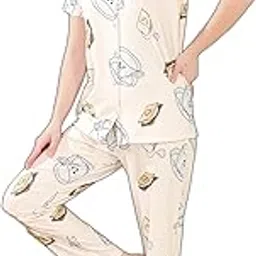 pastel clip Night Suit for Women Cotton | Tea & Biscuits Printed Night Dress for Woman | Shirt & Pajama Set 2014-YL-picture-29