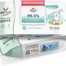 Mylo Baby 99.5% Pure Water Based Wipes, 4X Thicker Cotton Fabric, Unscented with 30% Extra Hydration, 72 Wipes Each - Pack of 2-image-24