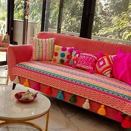 Rainbow Aztech Pattern With Multicoloured Tassels Single Seater Anti-Slip Sofa Cover with Tassels- Heavy-Duty, Scratch-Resistant- Seat Protection Only -Fits Single Seater Sofa Seat- 1 Piece-image-11