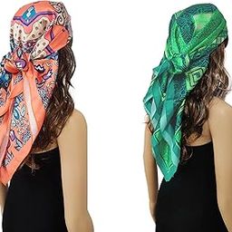Satin Silk Scarf for Women Lightweight Fashion Scarves, Wrap in Print Floral Pattern, Pack of 2 (Green and Boho Orange)-image-83