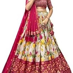Women's print chaniya choli showcases intricate ajrakh print Foil Work Patola Print Semi-stitched Lehenga choli Set-picture-15