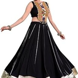 Traditional Navratri Rayon Lehenga with Gamthi Work Blouse, Black and Gold, Sleeveless Crop Top Style-image-82