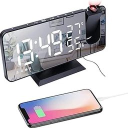Petilleur Projection Alarm Clock Bedroom Ceiling Digital Radio Alarm Clock USB Mobile Phone Charger Double Alarm Clock LED Large Screen Alarm Clock (Black)-image-73